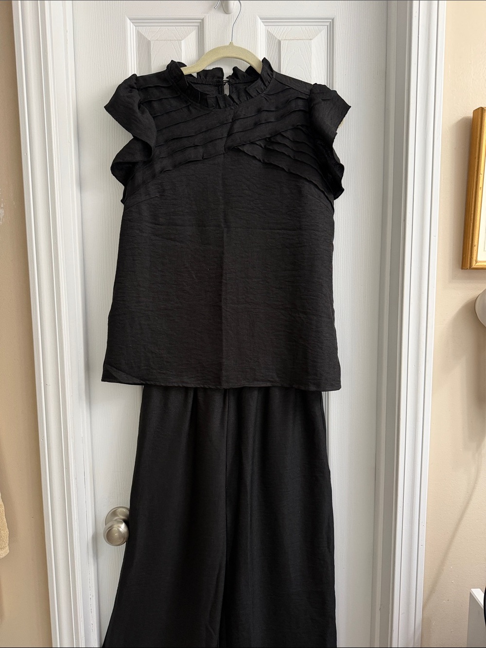 Black Ruffled Cap-Sleeve Blouse with pant set- Women